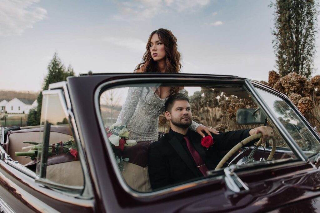 bridal hair and makeup with a car